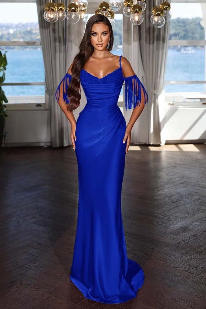 Off the Shoulder Sleeveless Mermaid Long Prom Dress With Tassel