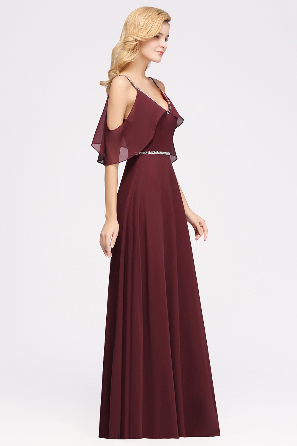 BMbridal Burgundy Cold-shoulder Long Bridesmaid Dress With Half Sleeve-BMbridal