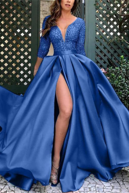 Elegant Deep V Neck 3/4 Sleeves Satin Prom Dress Long Split With Belt