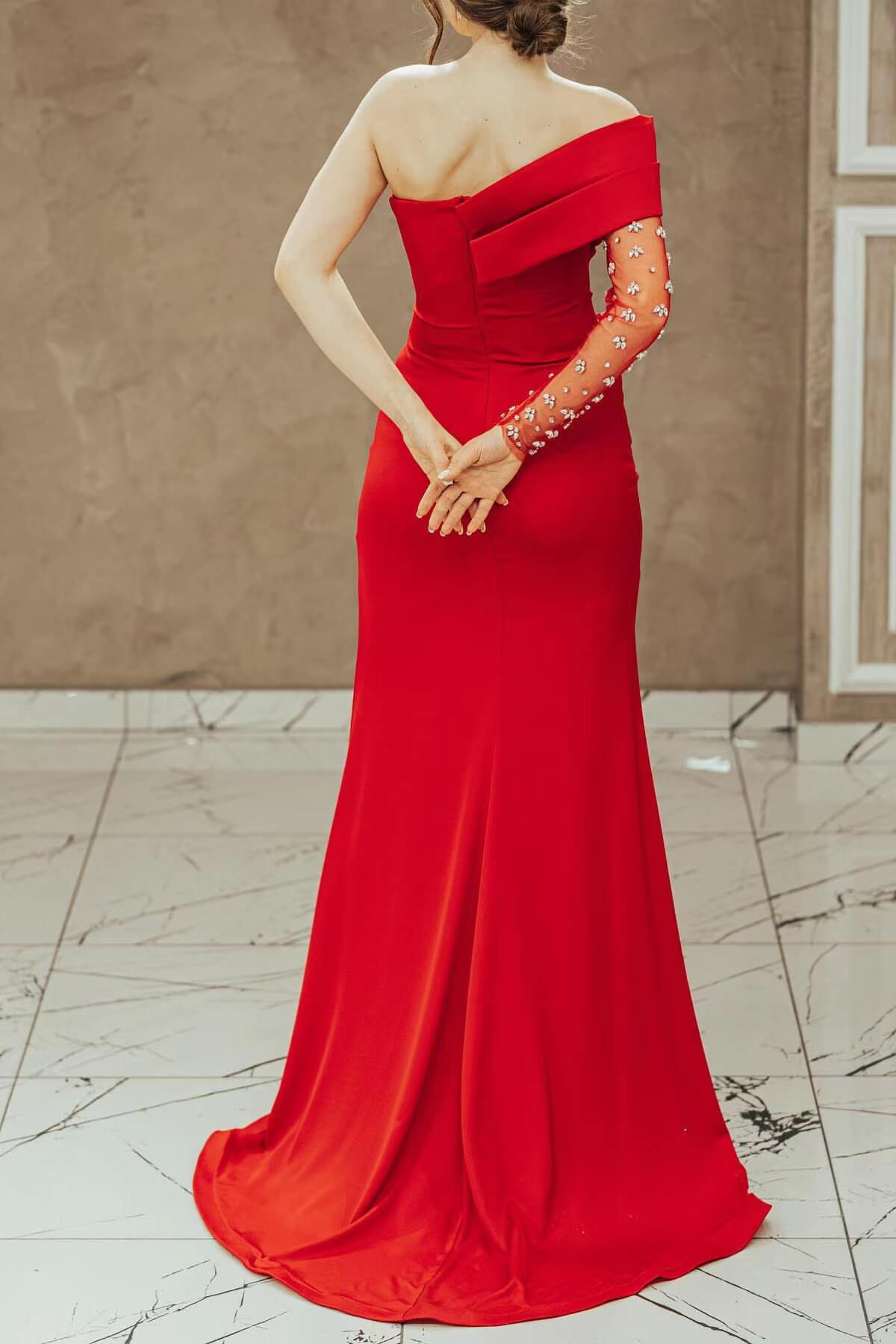 Red Beadings One Shoulder Pleated Prom Dress Split Mermaid With Long Sleeve