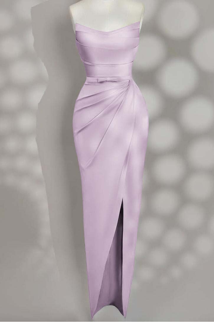 Strapless Sleeveless Long Split Prom Dress With Pleated Bowknot