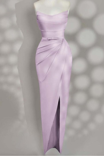 Strapless Sleeveless Long Split Prom Dress With Pleated Bowknot