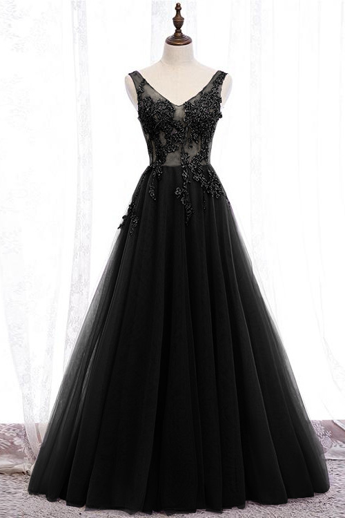 Glamorous Purple V Neck Sleeveless Long A Line Prom Dress With Appliques