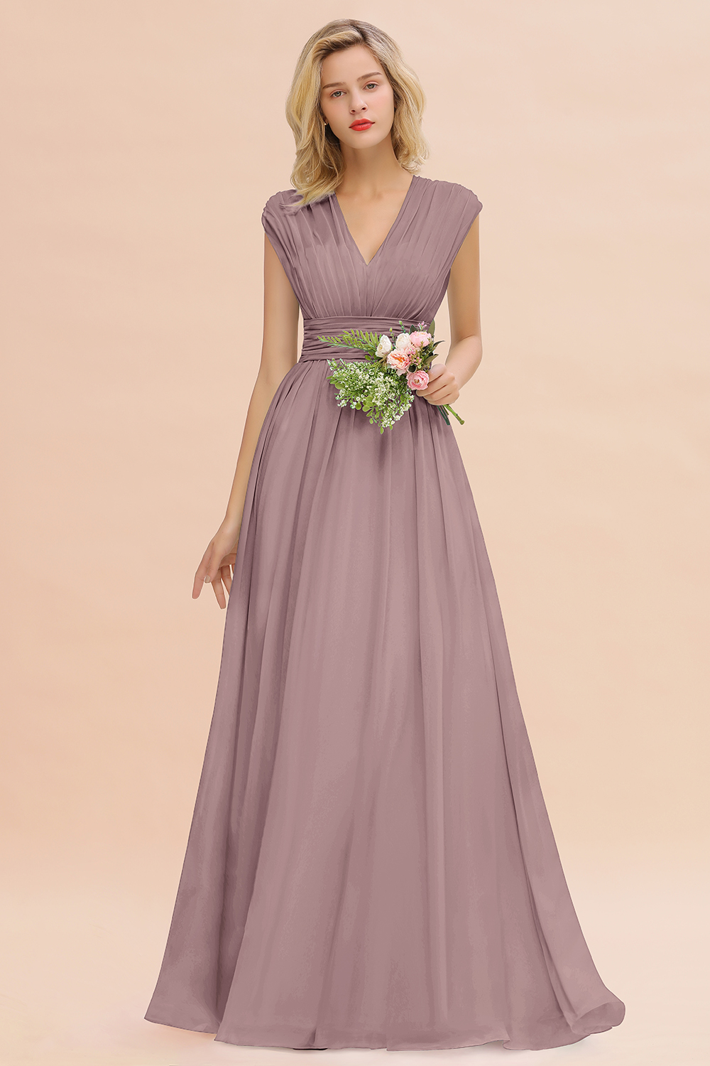 BMbridal Elegant Chiffon V-Neck Ruffle Long Bridesmaid Dresses Affordable-BMbridal