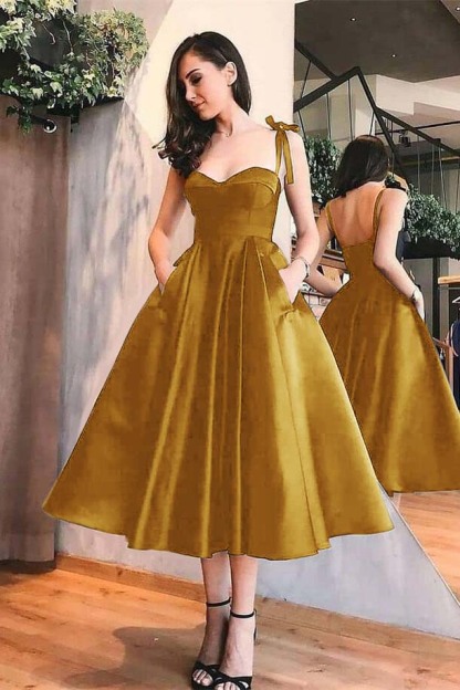 Sweetheart Black A Line Spaghetti Strap Tea Length Evening Dress With Pockets