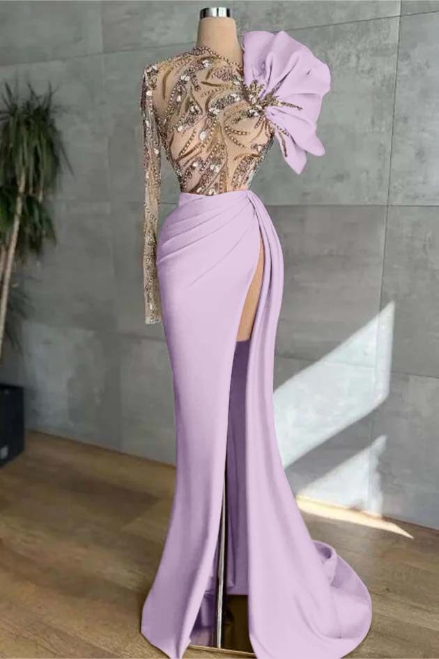 Long Sleeves Long Mermaid Prom Dress With High Split Appliques