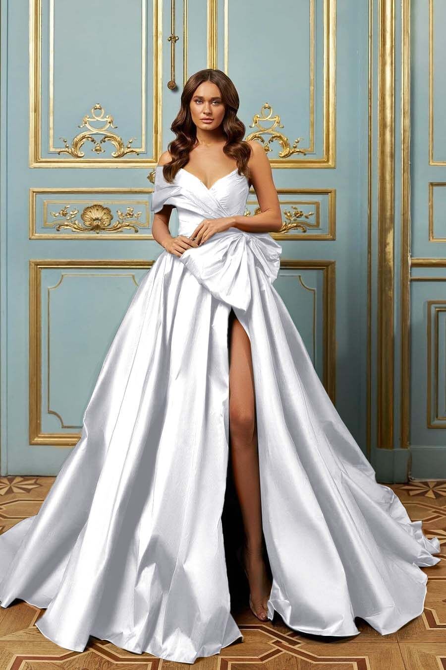 One Shoulder Sleeveless Long Split Prom Dress With Pleated Bowknot