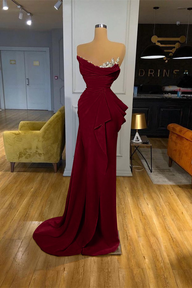 Orange Sequins Mermaid Online Strapless Pleated Prom Dress With Sleeveless