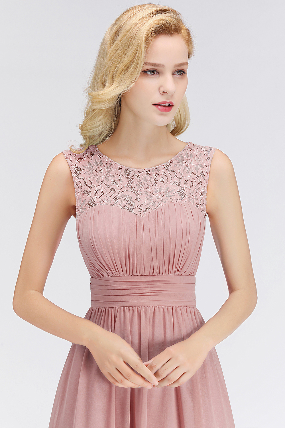 BMbridal Elegant Lace Scoop Bridesmaid Dress Dusty Rose Chiffon Sleeveless Wedding party Dress-BMbridal