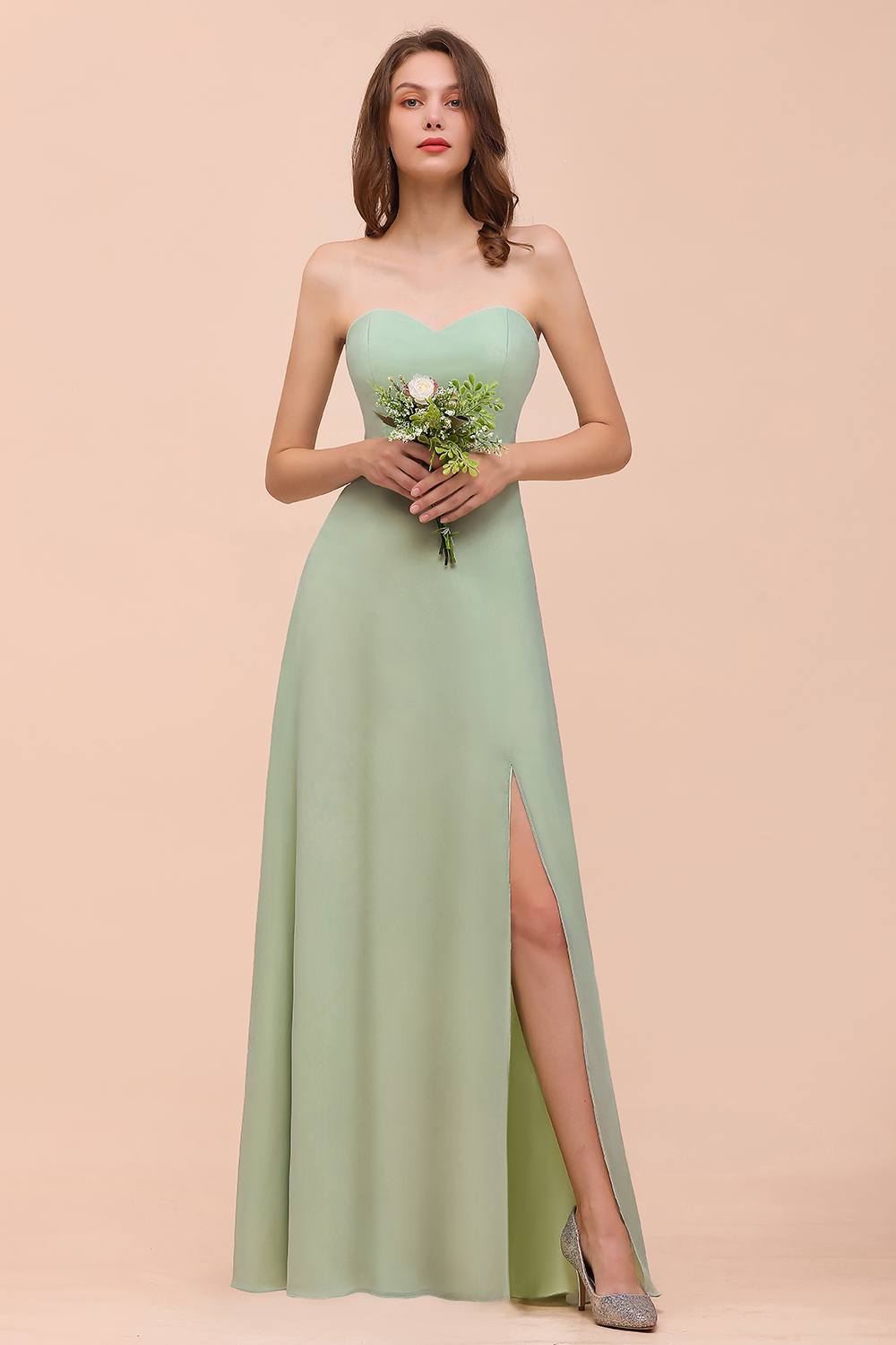 BMbridal Affordable Strapless Front Slit Long Dusty Sage Bridesmaid Dress-BMbridal