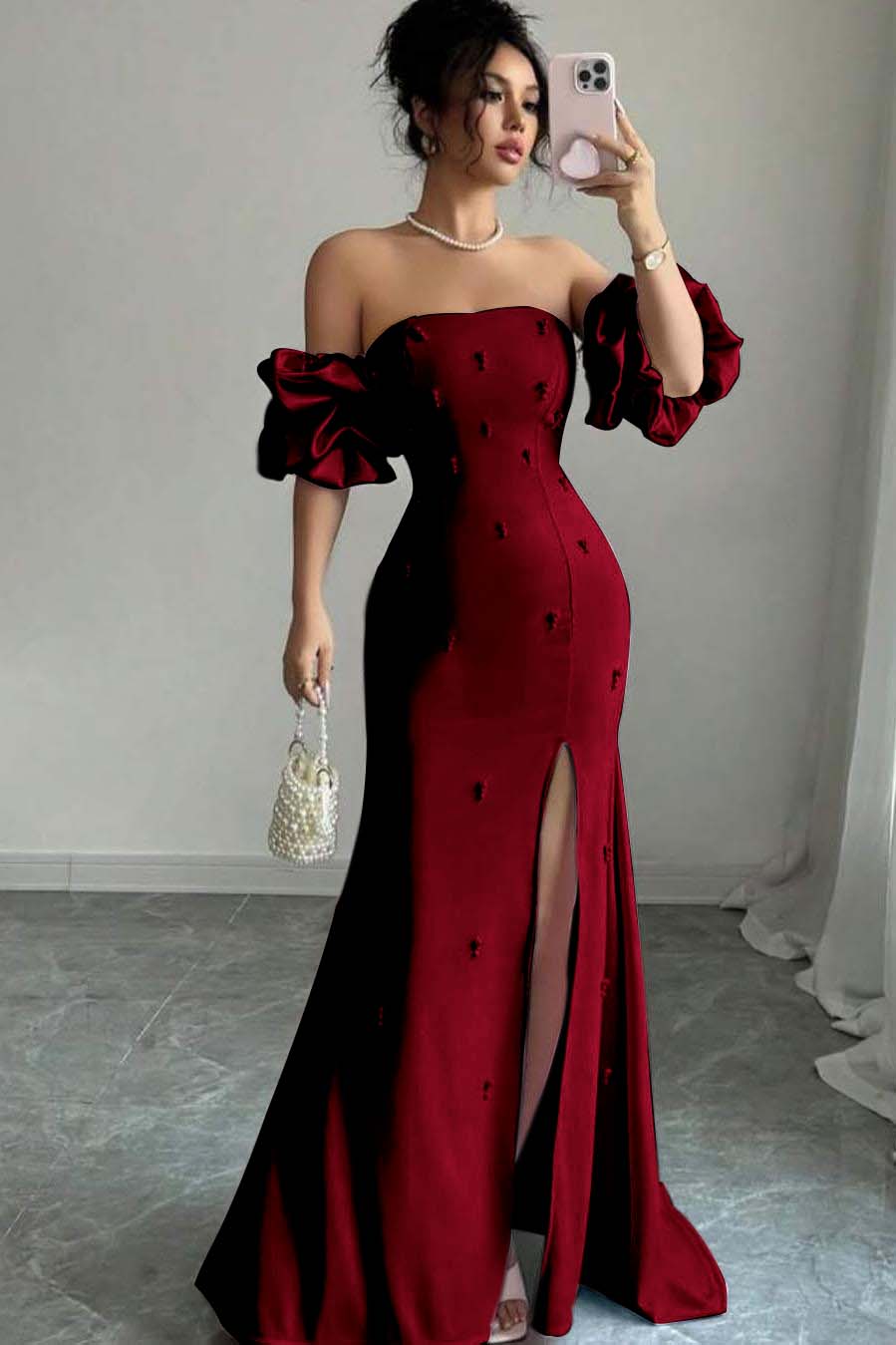 Strapless Bubble Sleeves Long Split Prom Dress With Beading