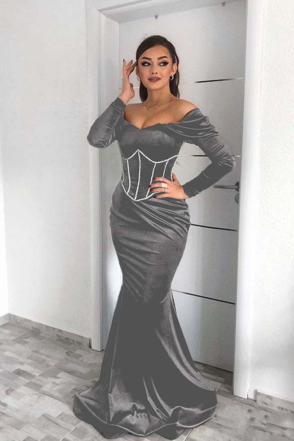 Off the Shoulder Prom Dress Dark Green Long Sleeves Mermaid