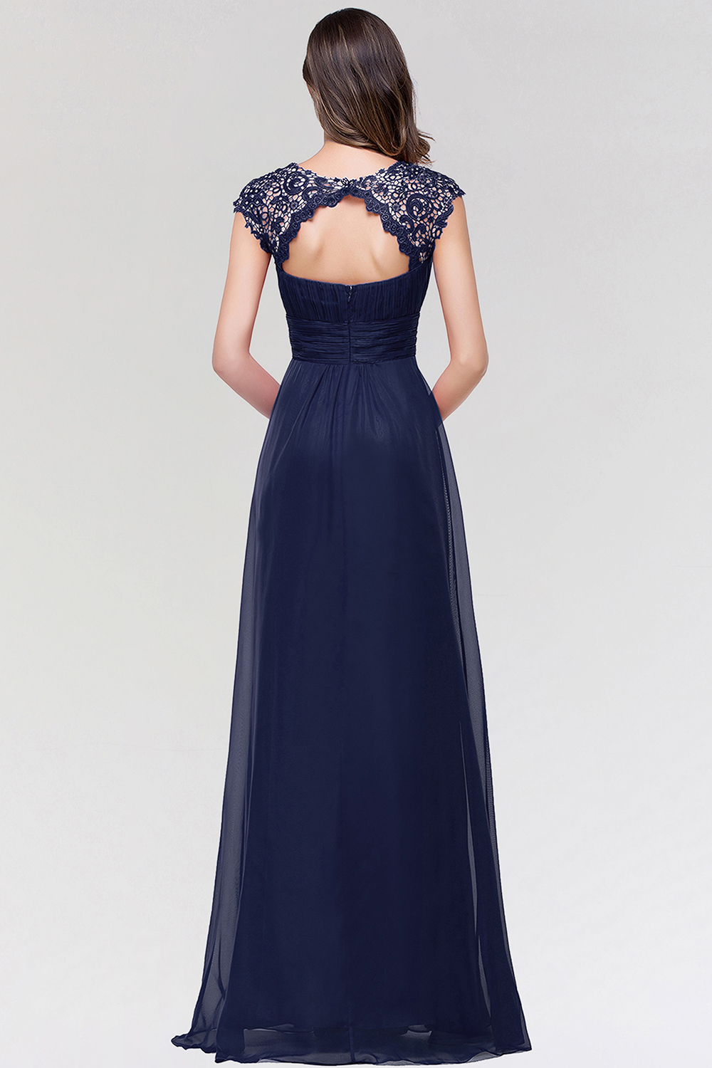 BMbridal Elegant Chiffon Pleated Navy Lace Bridesmaid Dress with Keyhole Back-BMbridal