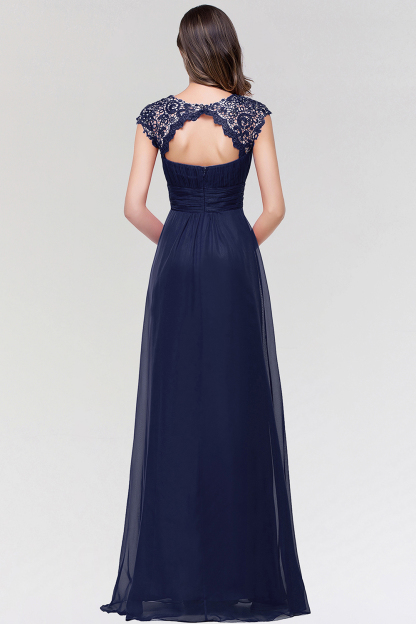 BMbridal Elegant Chiffon Pleated Navy Lace Bridesmaid Dress with Keyhole Back-BMbridal