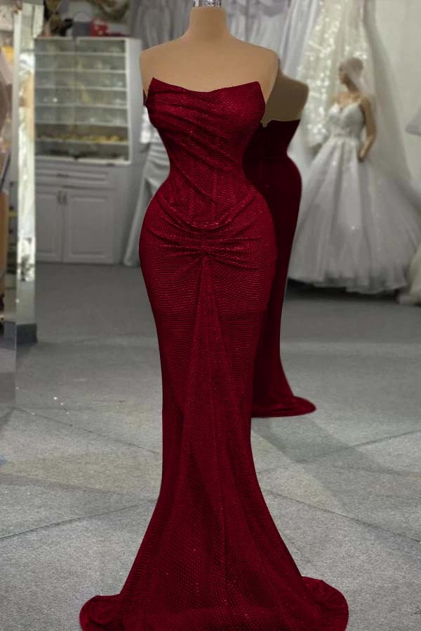 Sequin Strapless Sleeveless Long Mermaid Prom Dress With Pleated