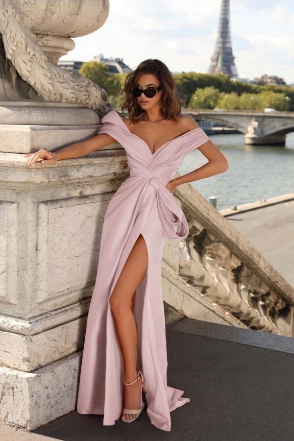 Off the Shoulder Sleeveless Long Mermaid Split Prom Dress With Pleated