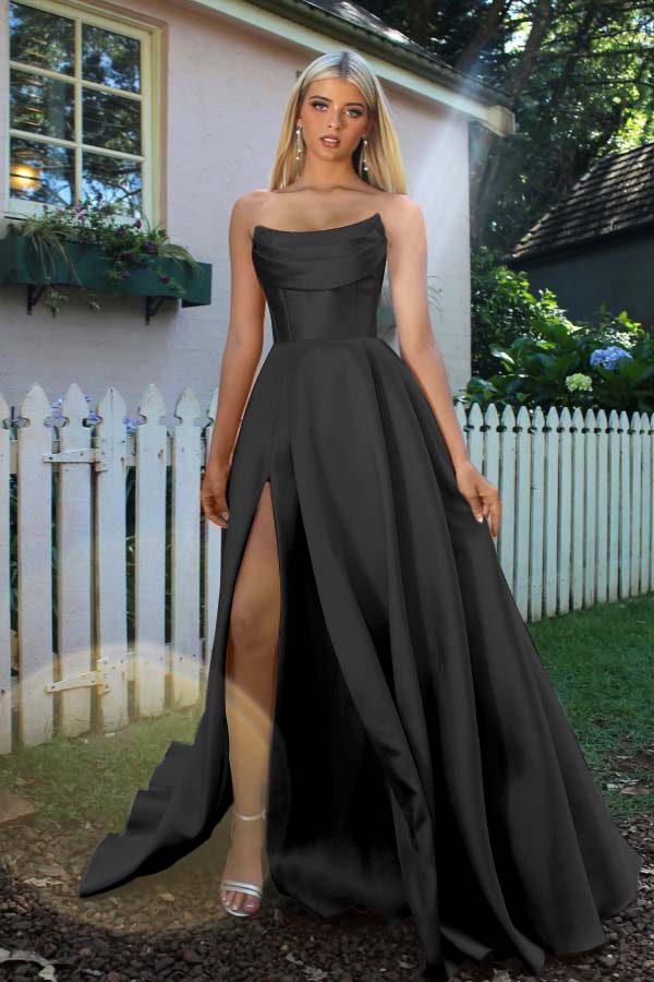 Strapless Sleeveless A Line Long Prom Dress With Split Pleated