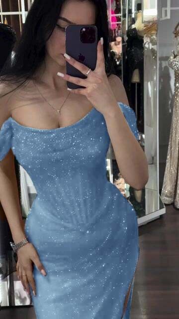 Sequins Off the Shoulder Sleeveless Long Prom Dress With Split