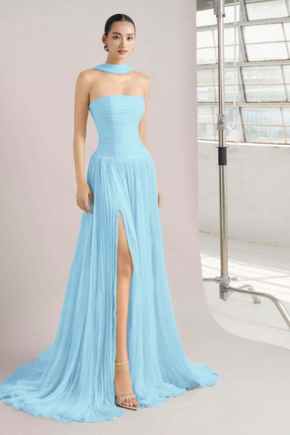 Strapless Sleeveless Long Split Prom Dress With Pleated Ruffles