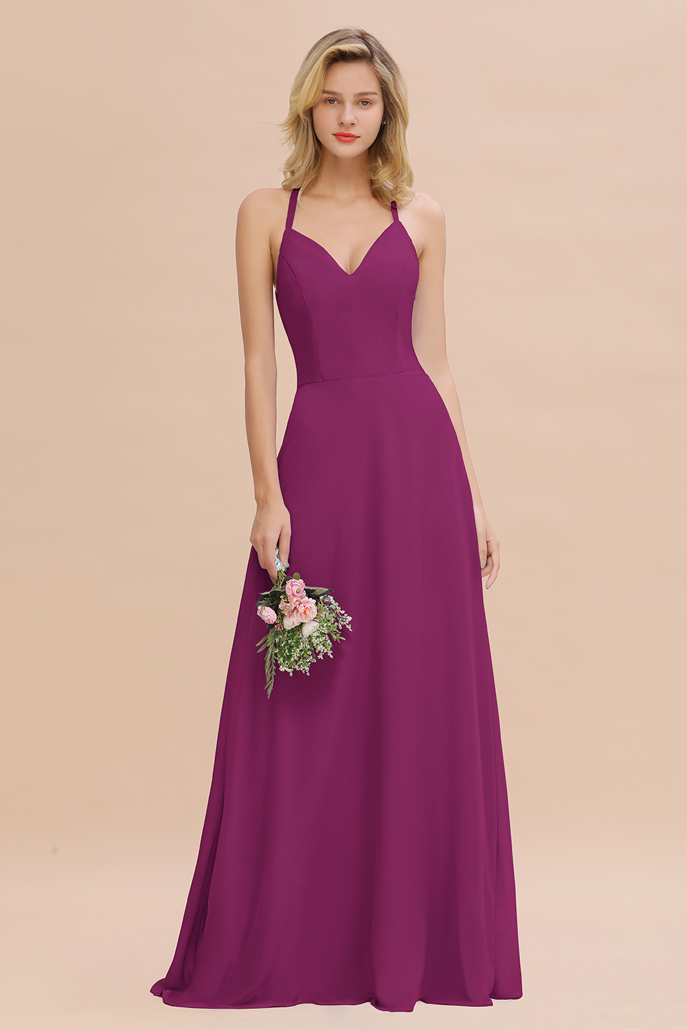 BMbridal Modest Halter V-Neck Sleeveless Long Bridesmaid Dresses Online-BMbridal