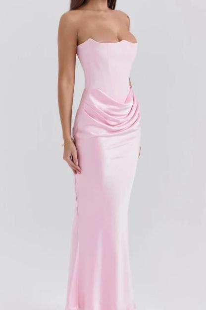 Pink Strapless Sleeveless  Mermaid Long Prom Dress With Pleated