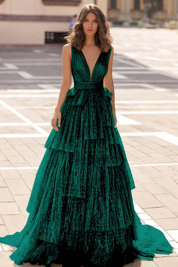 Tulle Straps V Neck Sleeveless Long Prom Dress With Sequin Pleated