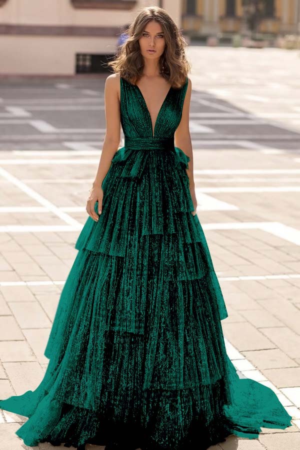 Tulle Straps V Neck Sleeveless Long Prom Dress With Sequin Pleated