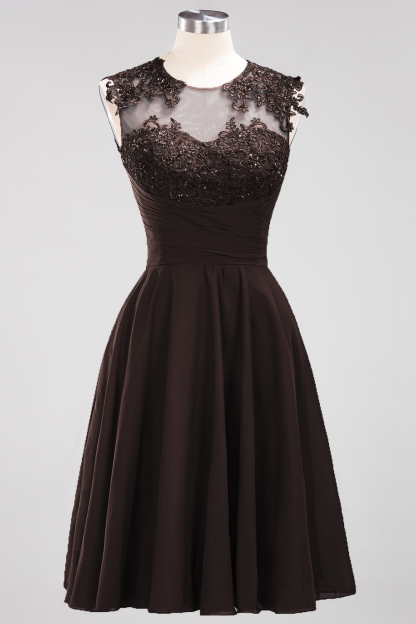 BMbridal Cute Chiffon Round Neck Short Burgundy Bridesmaid Dresses with Appliques-BMbridal