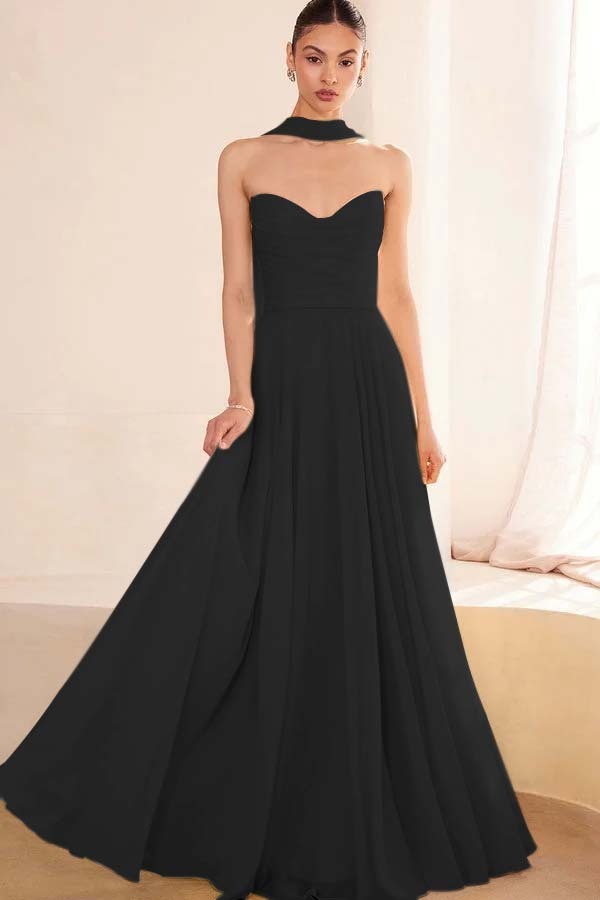 Chiffon Strapless Sleeveless Long A Line Prom Dress With Pleated