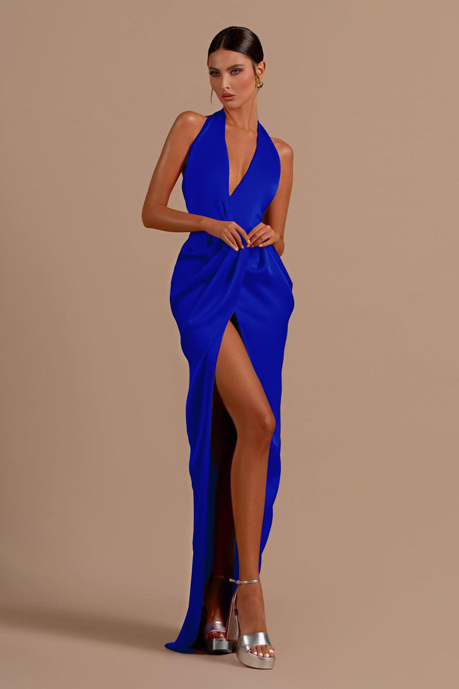 Red Halter Sleeveless Backless Long Prom Dress With Front Split