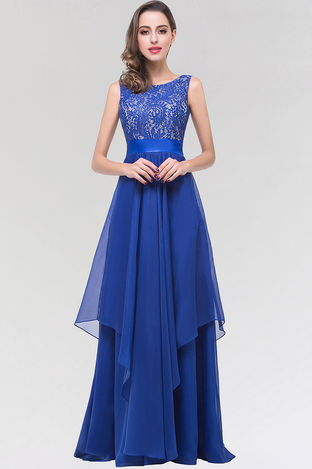 BMbridal Elegant Lace Jewel Long Chiffon Bridesmaid Dress with Asymmetric Hemline-BMbridal