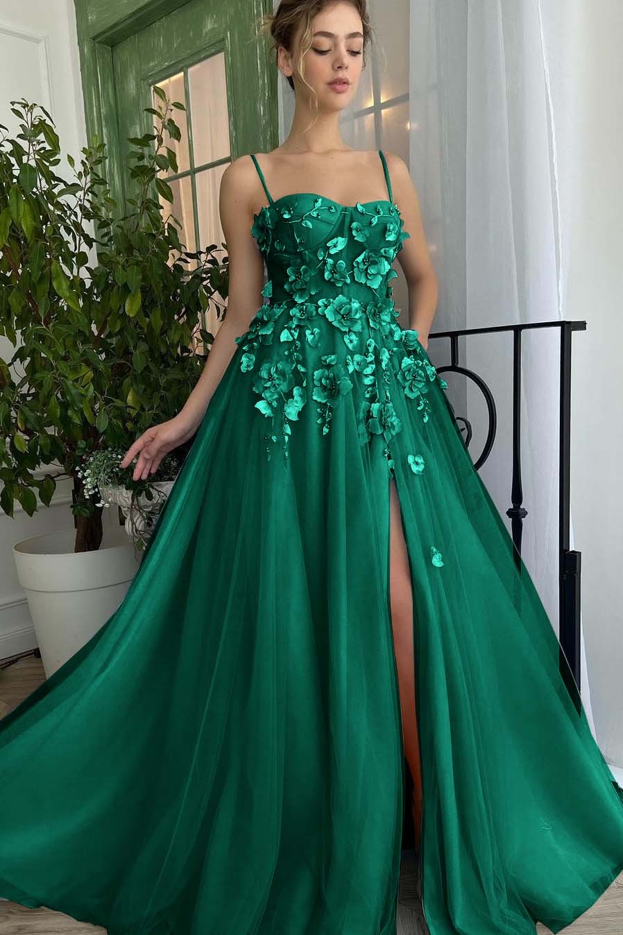 Baby Blue Sweetheart Flowers Appliques Spaghetti Strap Prom Dress With Split