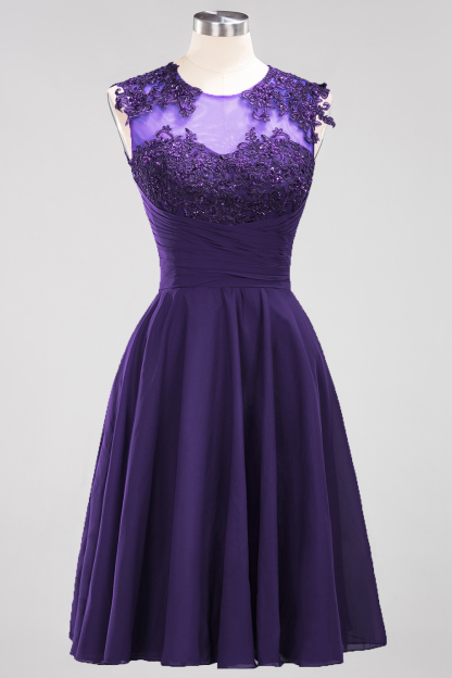 BMbridal Cute Chiffon Round Neck Short Burgundy Bridesmaid Dresses with Appliques-BMbridal