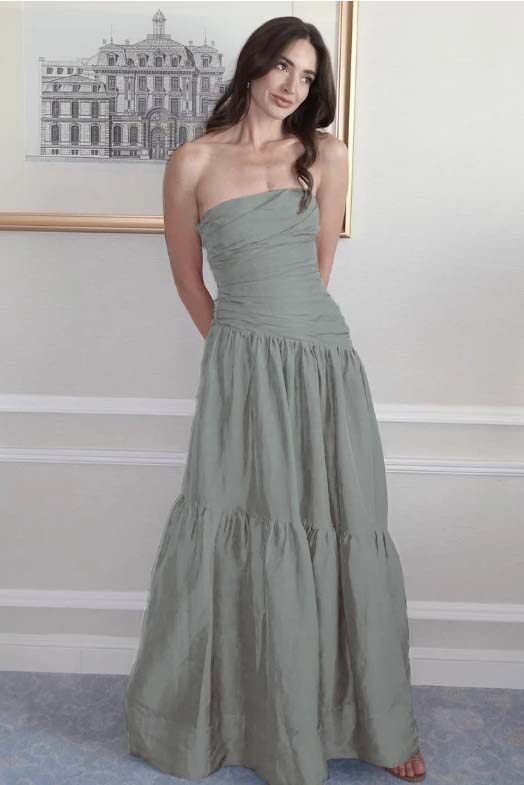 Strapless Sleeveless A Line Long Prom Dress With Pleated Pockets