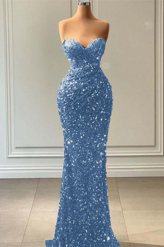 Blue Sleeveless Mermaid Sequins Prom Dress Sweetheart With Pleated