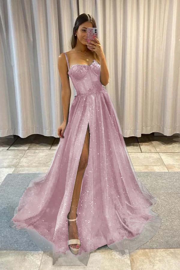Spaghetti Strap Sleeveless Long Split Prom Dress With Sequins