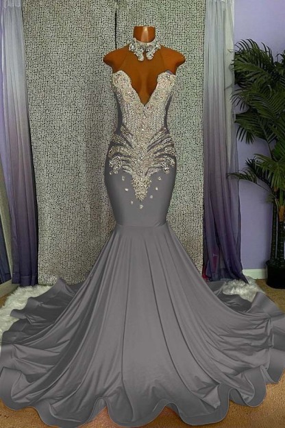 Mermaid Pink High Neck Sleeveless Prom Dress Beaded With Appliques