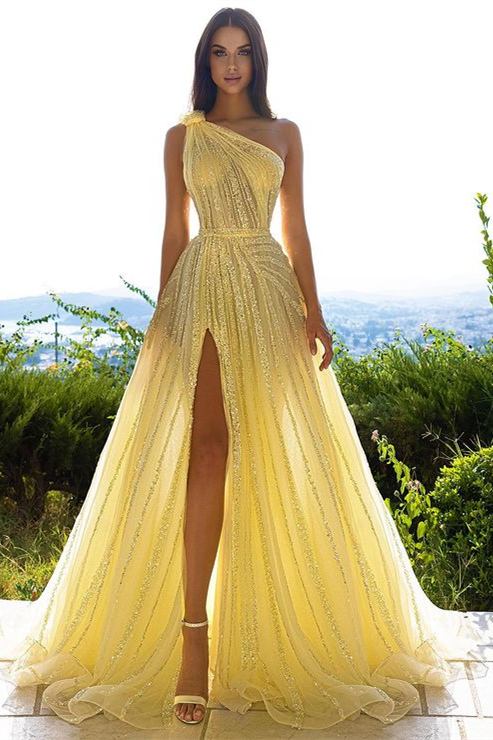 Tulle Sequins One Shoulder A Line Long Prom Dress Daffodil With Front Split
