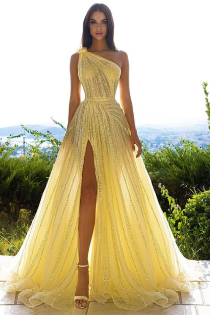 Tulle Sequins One Shoulder A Line Long Prom Dress Daffodil With Front Split