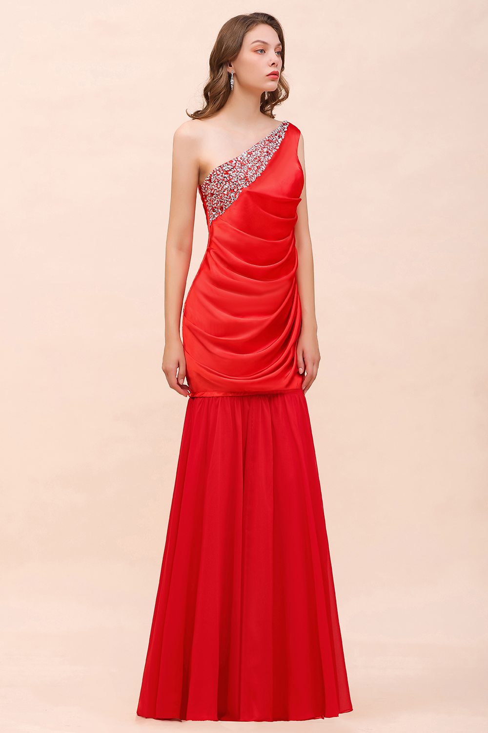 BMbridal Chic One Shoulder Beading Ruffle Red Bridesmaid Dress with Detachable Skirt-BMbridal