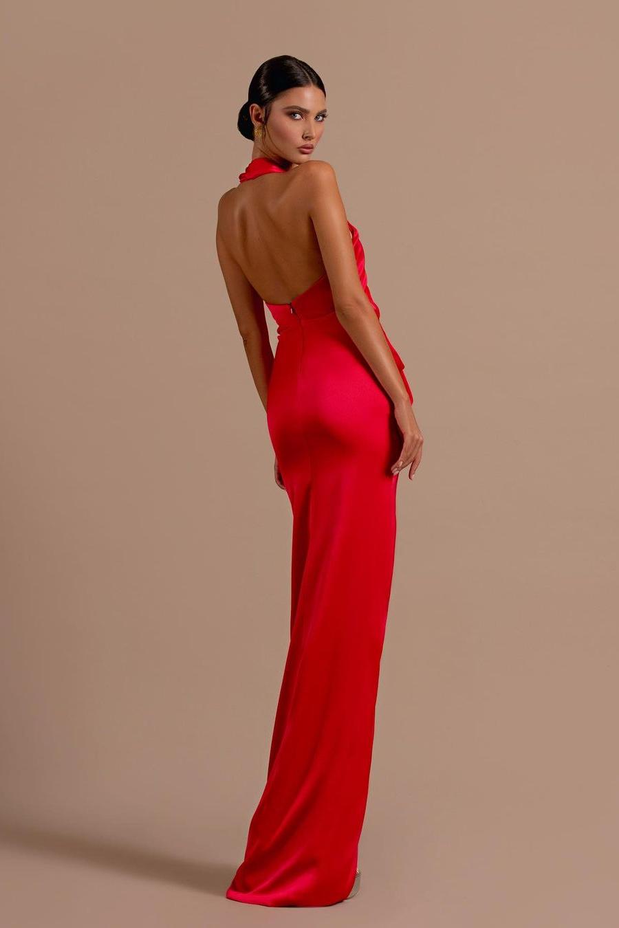 Red Halter Sleeveless Backless Long Prom Dress With Front Split