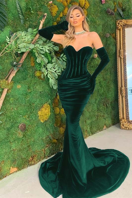 Black Velvet Sweetheart Strapless Long Mermaid Prom Dress With Long Gloves