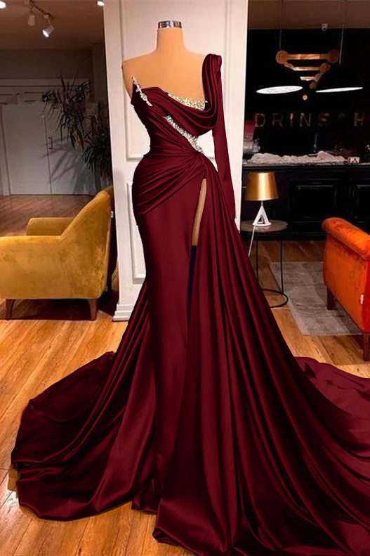 Mermaid One Shoulder Long Sleeve Pleated Prom Dress Split With Beadings