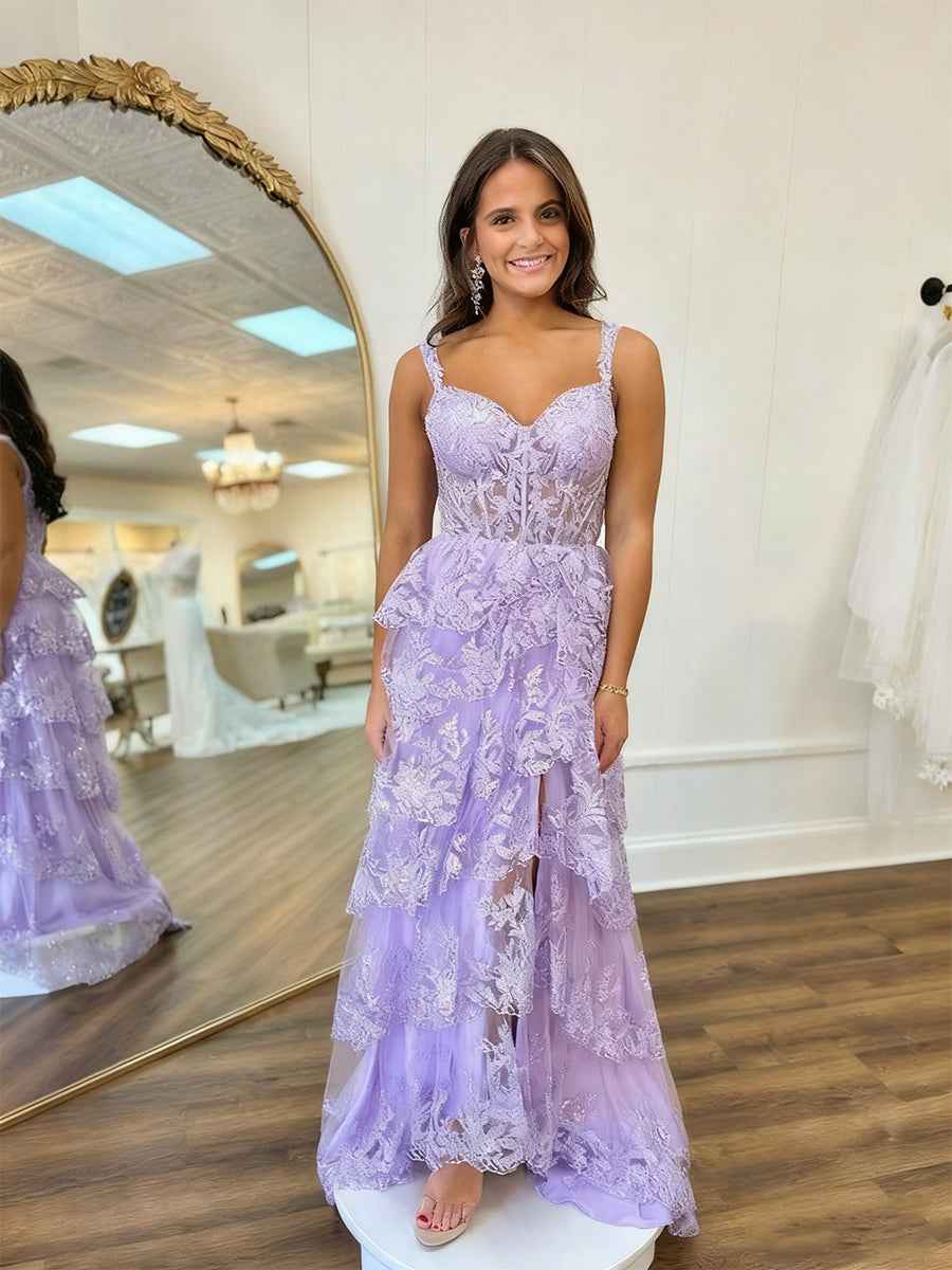 A Line Lilac Tiered Lace Long Prom Dress with Slit