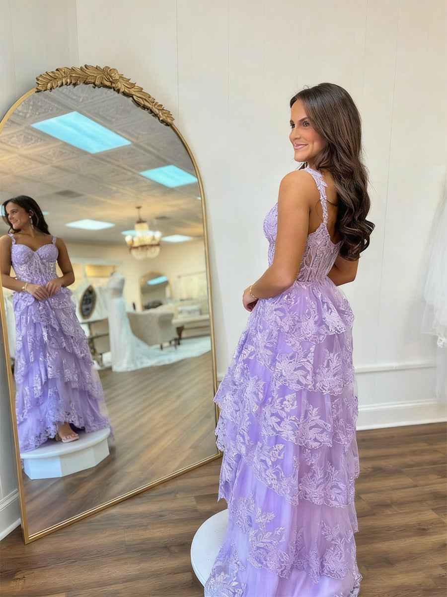 A Line Lilac Tiered Lace Long Prom Dress with Slit