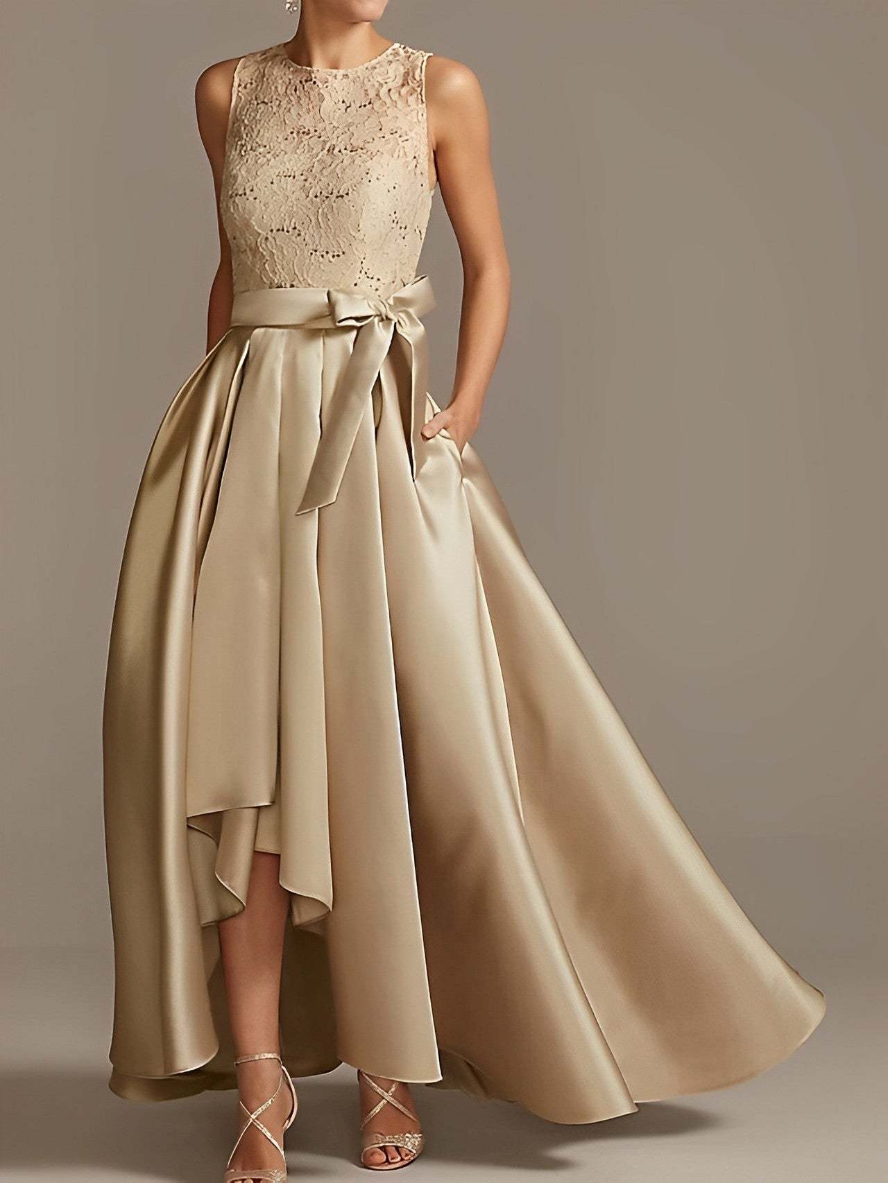 Asymmetrical Princess A-Line Sleeveless Mother Of The Bride Dress With Jewel Neck And Pleats
