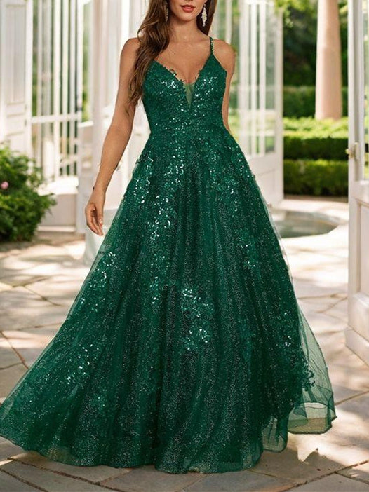 Princess A-line Spaghetti Strap Floor-length Prom Gown