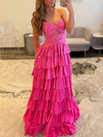 A Line Strapless Sweetheart Satin Long Prom Dress with Keyhole