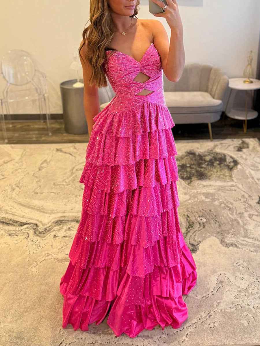 A Line Strapless Sweetheart Satin Long Prom Dress with Keyhole