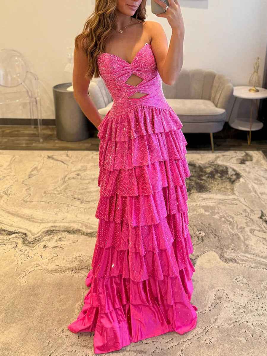 A Line Strapless Sweetheart Satin Long Prom Dress with Keyhole
